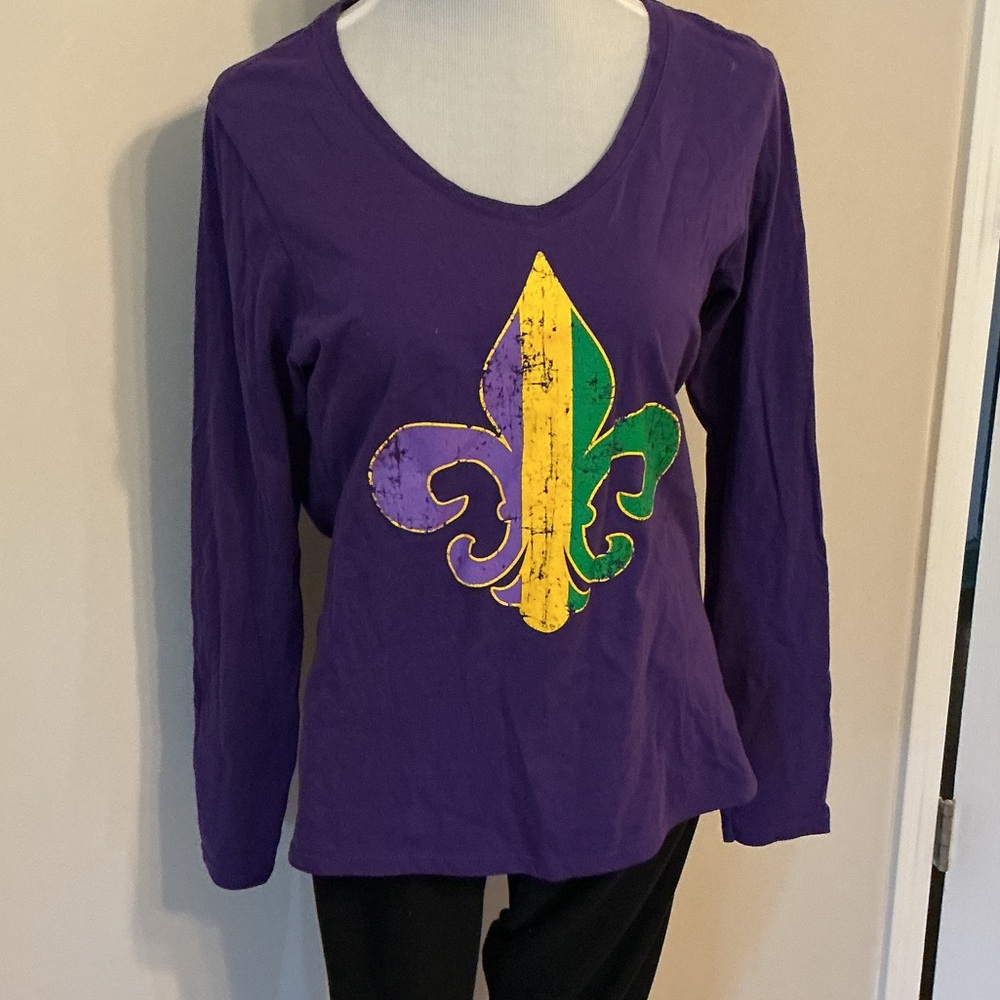 Mardi Gras Vibrant Purple Long Sleeve Top with Fleur-de-Lis